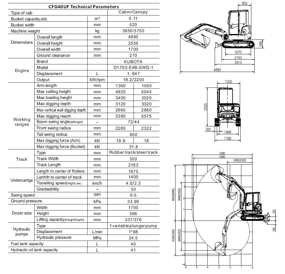 4 Ton Mini Excavator Kubota Diesel Engine w/ A/C & Thumb | CFG-40UF