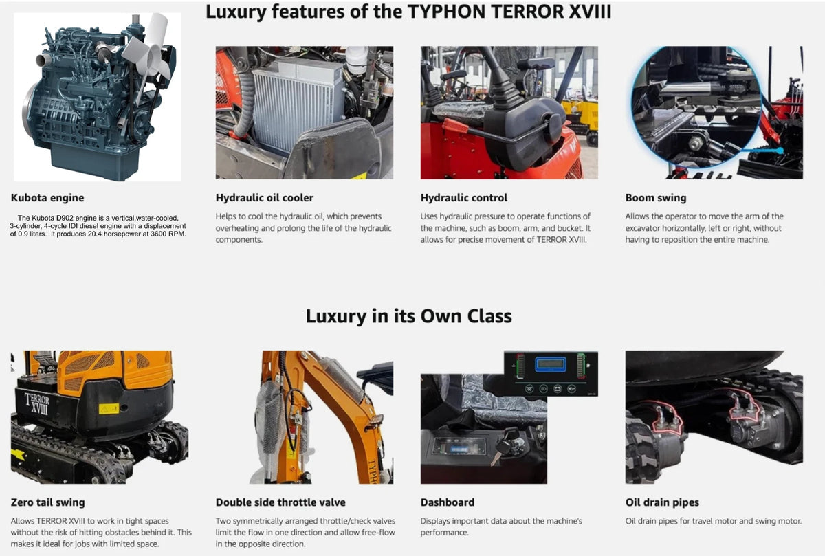 4,000 lbs Terror XVIII Mini Excavator, EPA Certified KUBOTA D902 Diesel Machine
