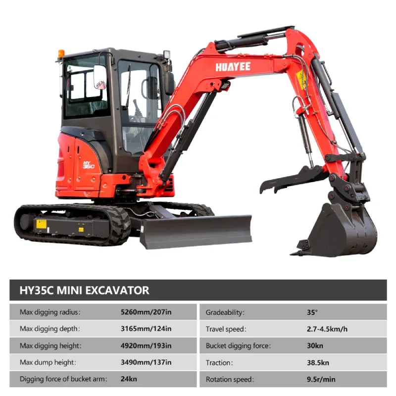 3.5 Ton Industrial Mini Excavator with 24HP kubota Engine & Enclosed Cab | HUAYE