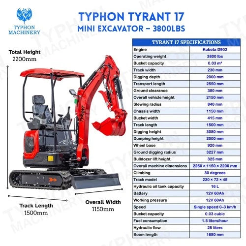 TYRANT 17 Mini Excavator Kubota D902 Engine Side Swing with 12 attachments