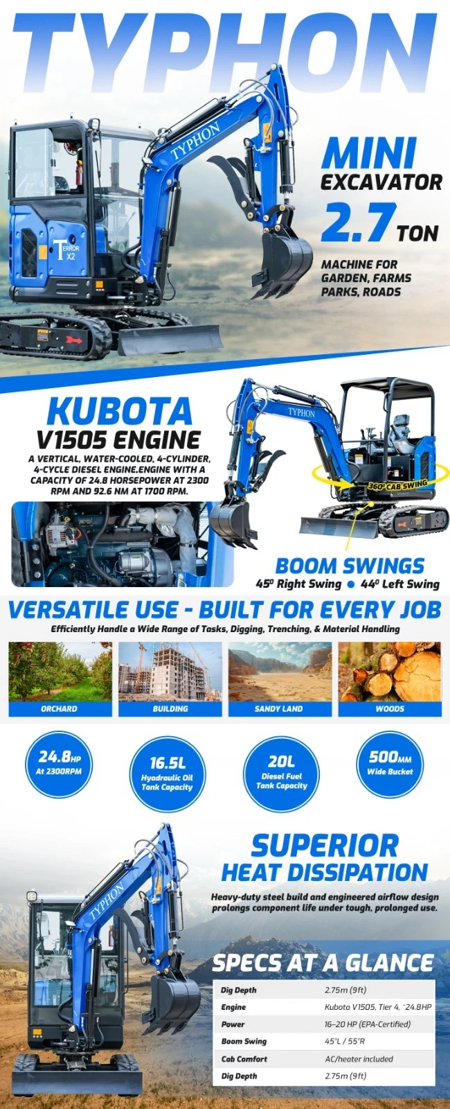 TYPHON TERROR X2 Mini Excavator 2.7 Ton EPA Diesel Kubota V1505 Engine USA