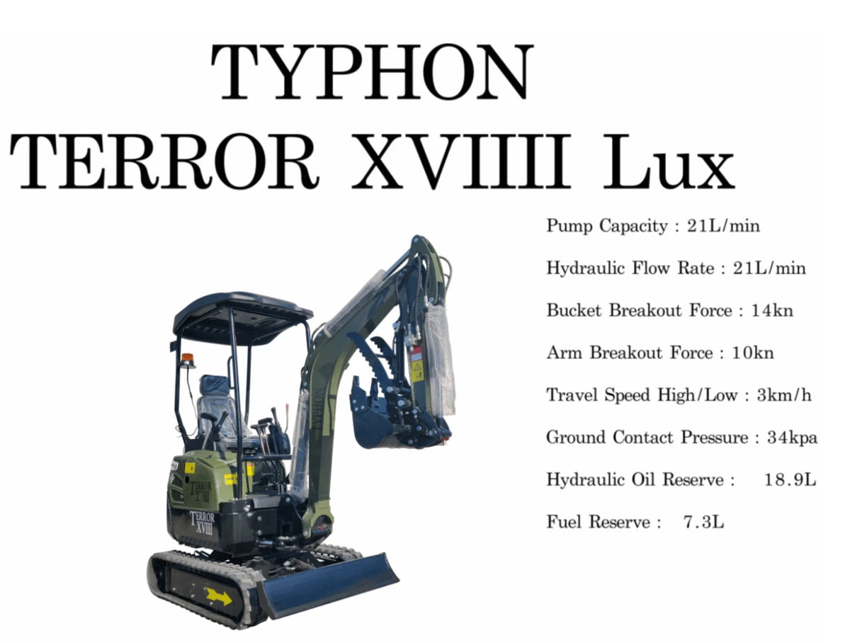 2026 4000 lb Typhon Terror XVIII Mini Excavator Rubber Track with Kubota Diesel